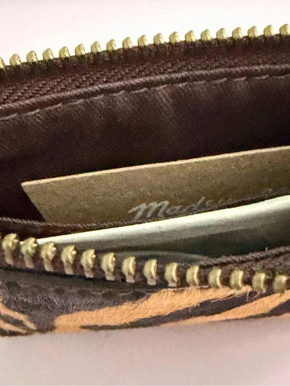 Madewell Zebra-Print Zip Card Case Wallet Dark Brown and Tan Calf Hair 5”x4”